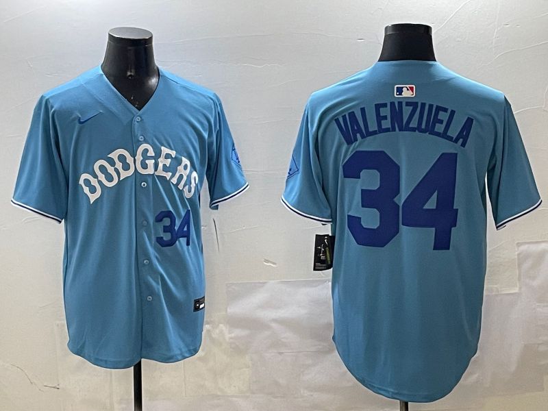 Men Los Angeles Dodgers #34 Valenzuela Light Blue Joint Name 2025 Nike MLB Jersey style 31620